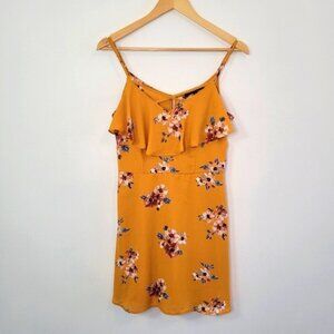 Three Pink Hearts Mustard Yellow Floral Ruffle Spaghetti Strap Dress Size XL